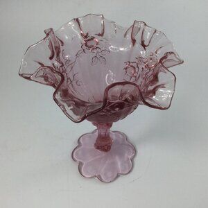 Fenton Ruffled Edge Rose Pink Glass Compote Candy Dish Footed 6.5" H